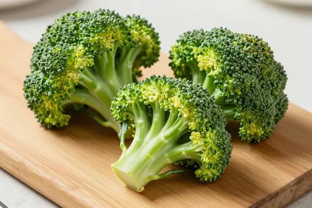 Three fresh raw broccoli florets rest on a light wooden cutting board atop a pale kitchen countertop