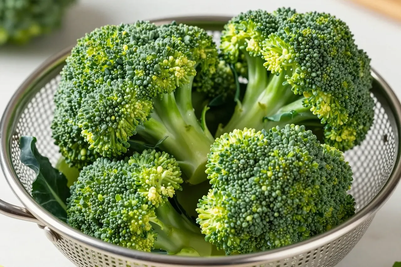Wet fresh broccoli florets sit in a perforated metal colander on a light kitchen countertop