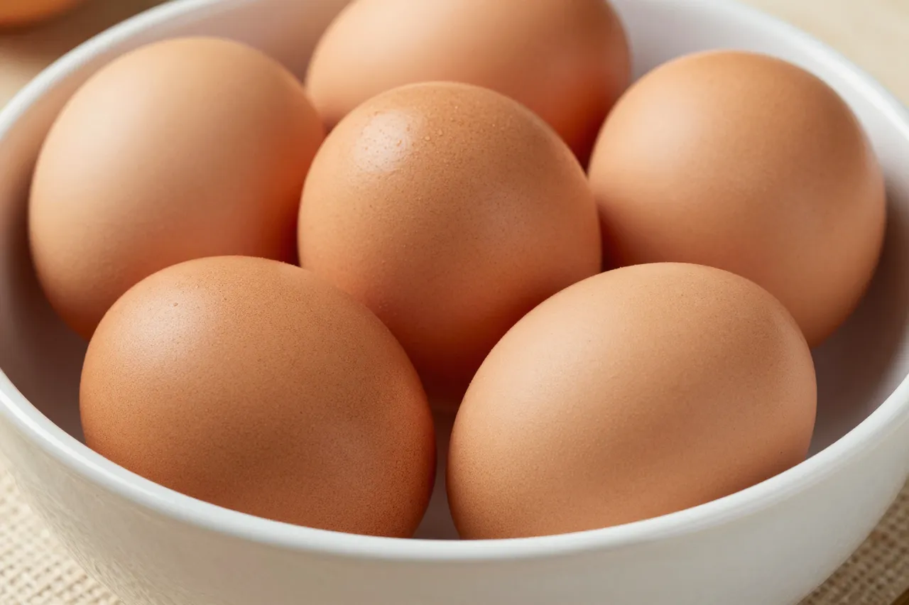 Several fresh brown farm eggs resting inside a white ceramic bowl on a woven surface