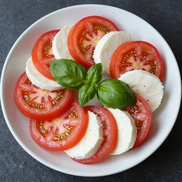 Top view of a white plate with sliced tomato, mozzarella and fresh basil arranged as a caprese salad