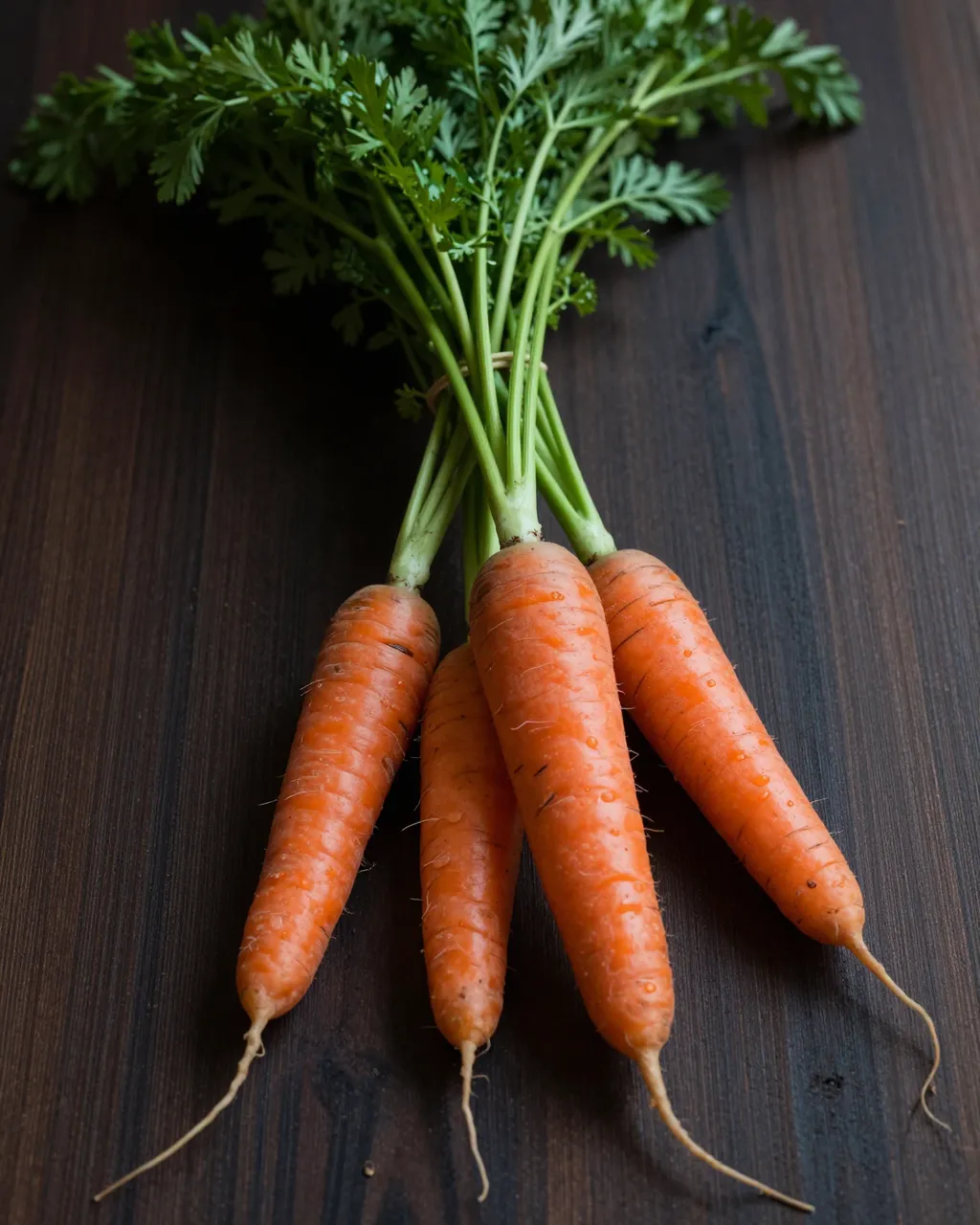 A tied bunch of fresh whole carrots with feathery green tops rests on a dark wooden board.