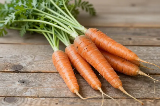 A bunch of whole fresh carrots with green leafy tops rests on a weathered wooden rustic table.