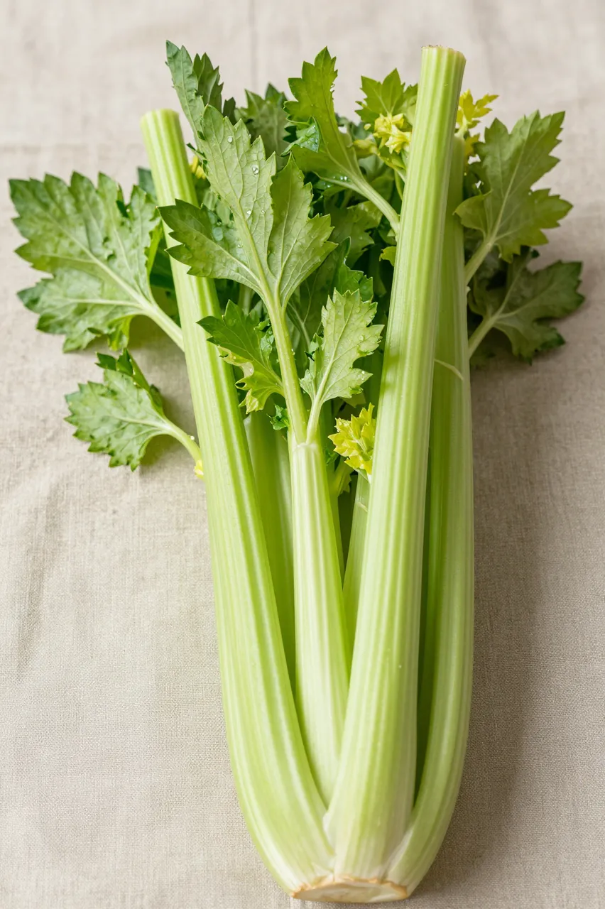 A crisp fresh celery bunch with pale green leaves rests on a neutral linen cloth.