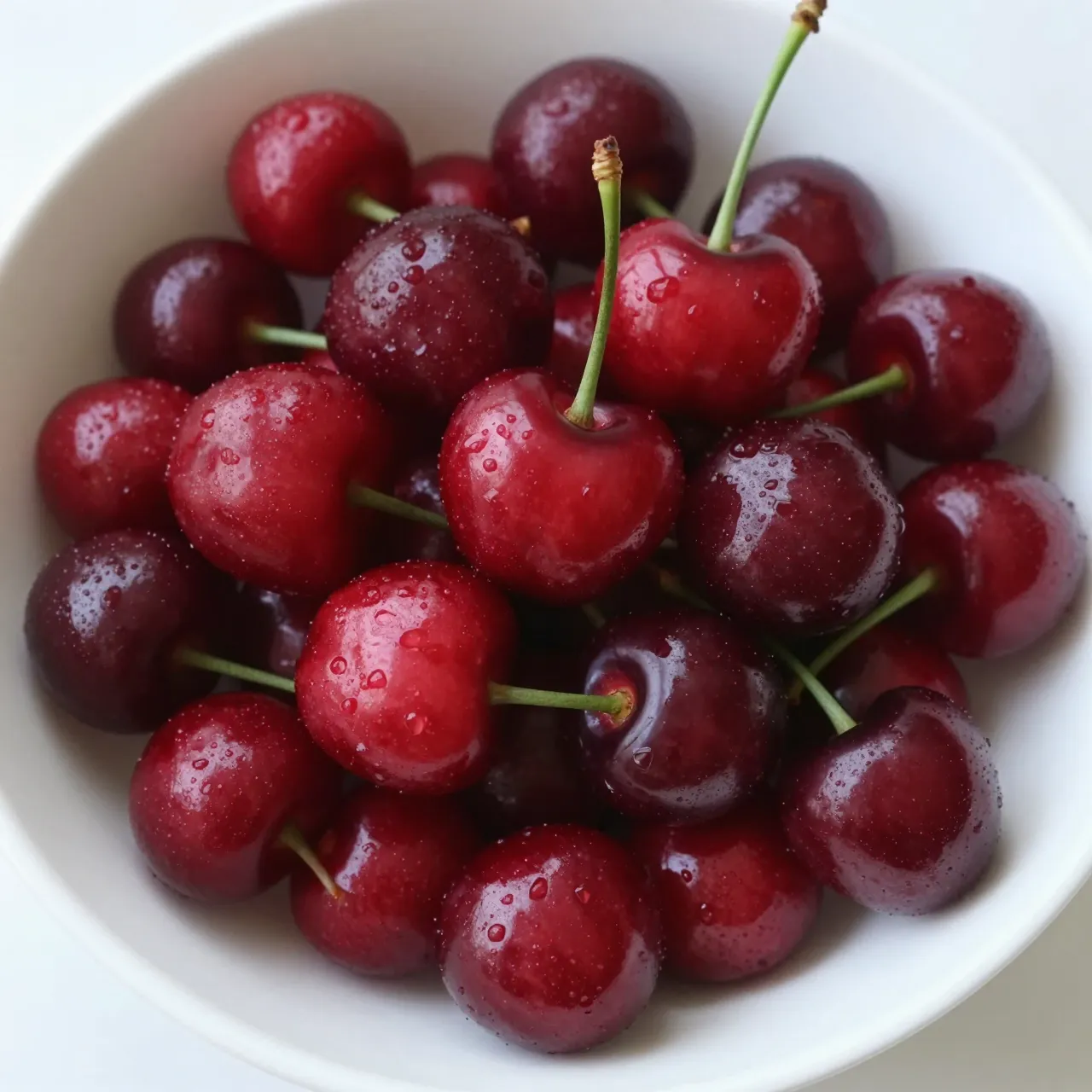 Top view of plump, water-dusted fresh cherries piled in a plain white bowl on a light background