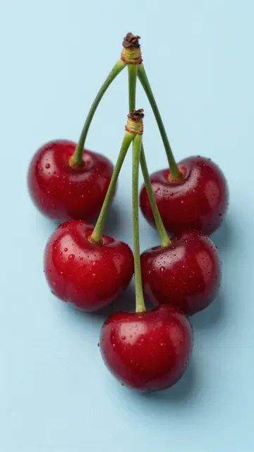Five glossy red cherries with water droplets and green stems rest on a pale blue surface