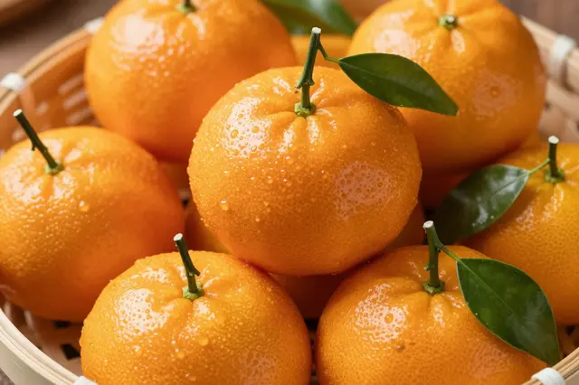 Glossy water-dusted clementines with green leaves piled in a light woven bamboo basket