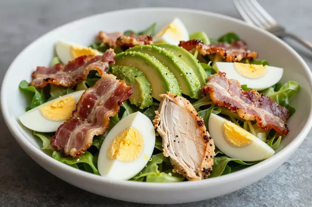 A white bowl holds a freshly prepared cobb salad with chicken, avocado, bacon and hard boiled egg slices over leafy greens.