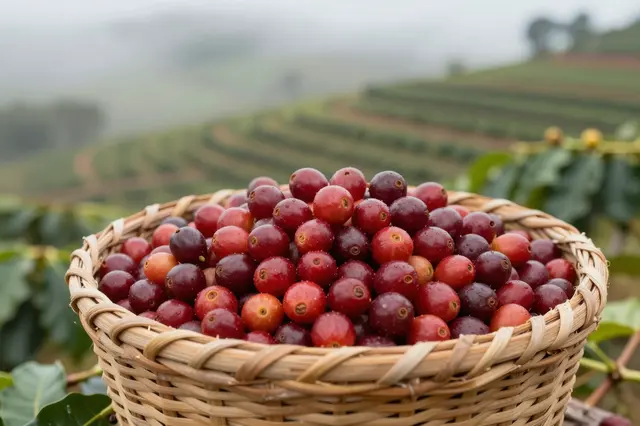 A wicker basket overflowing with ripe red coffee cherries sits on a misty coffee farm hillside