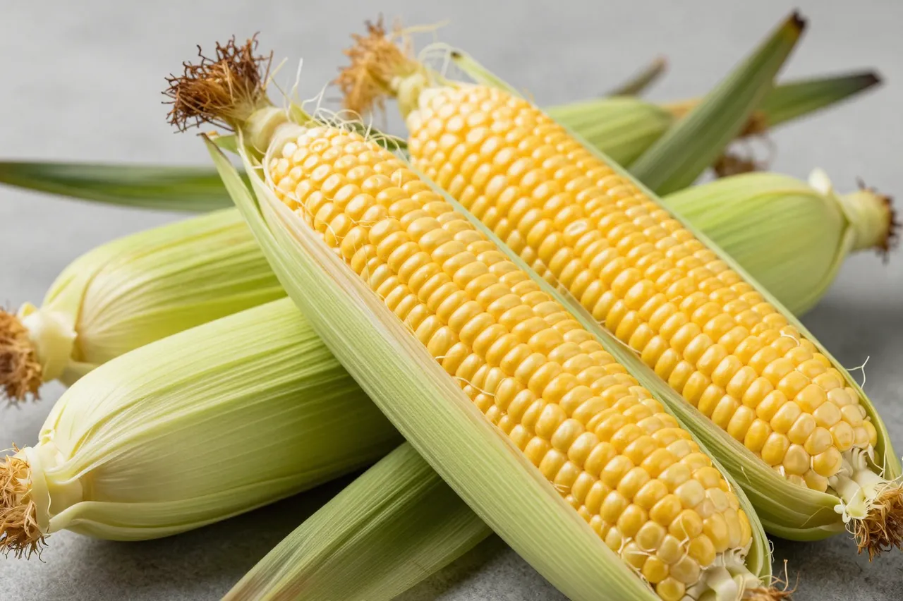 Two husked fresh corn cobs sit with whole unhusked ears on a smooth gray surface