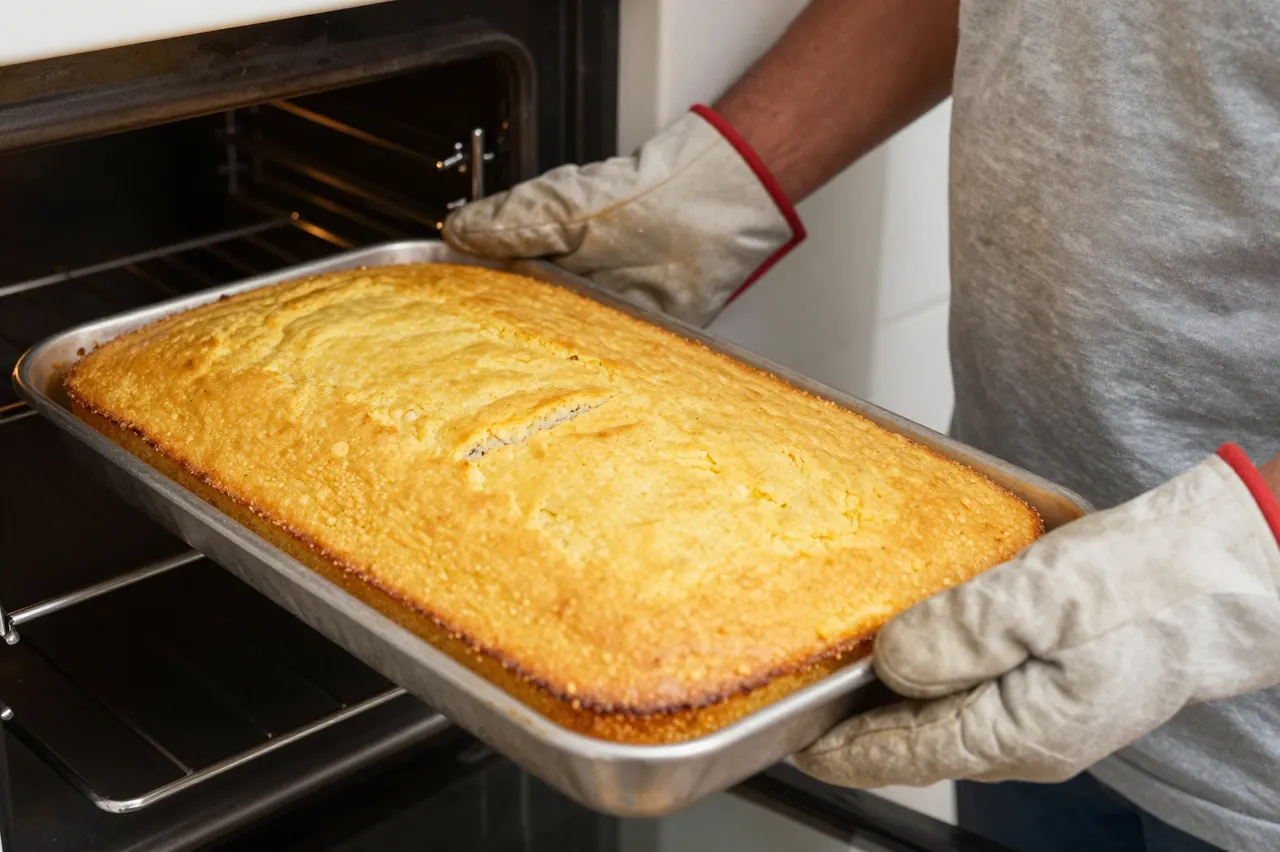 A person wearing heat-resistant oven mitts pulls a tray of golden baked cornbread out of an open kitchen oven.