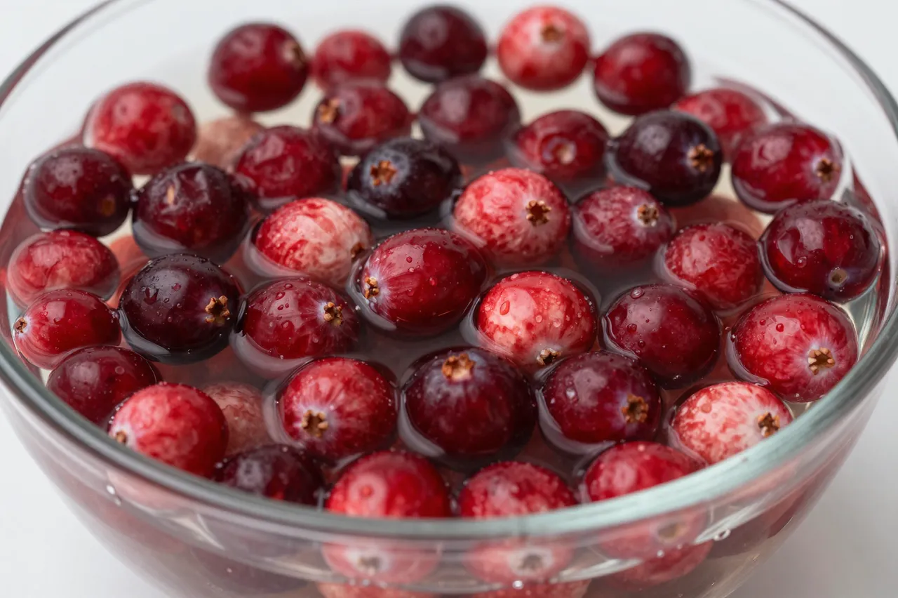 Vibrant red cranberries float in clear water inside a transparent glass bowl on a light surface.