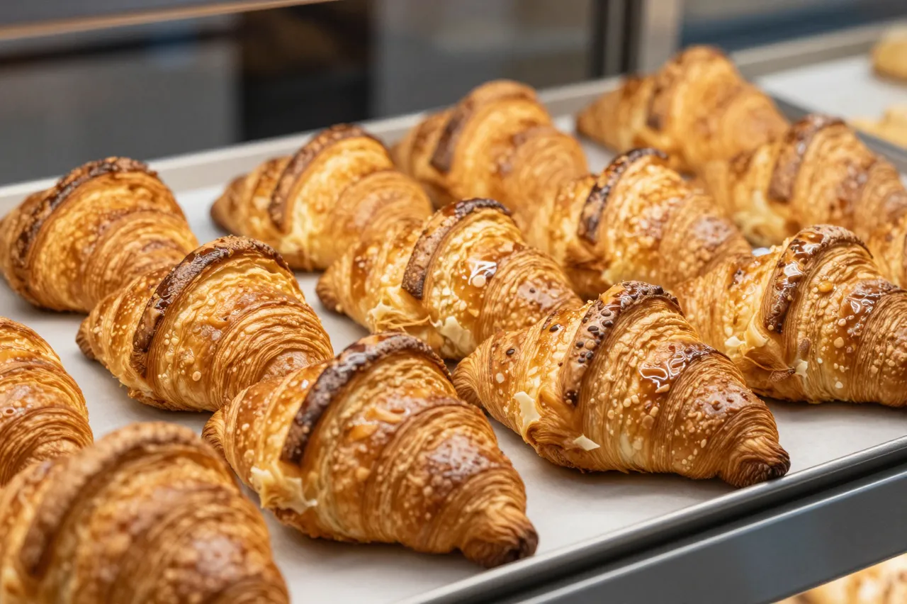 Golden buttery fresh croissants arranged neatly on a metal bakery tray inside a display case