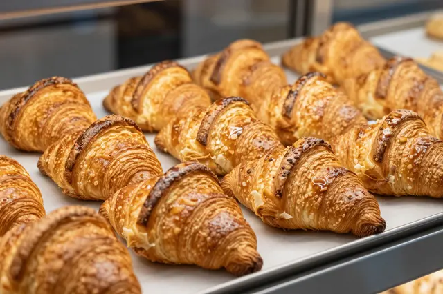 Golden buttery fresh croissants arranged neatly on a metal bakery tray inside a display case