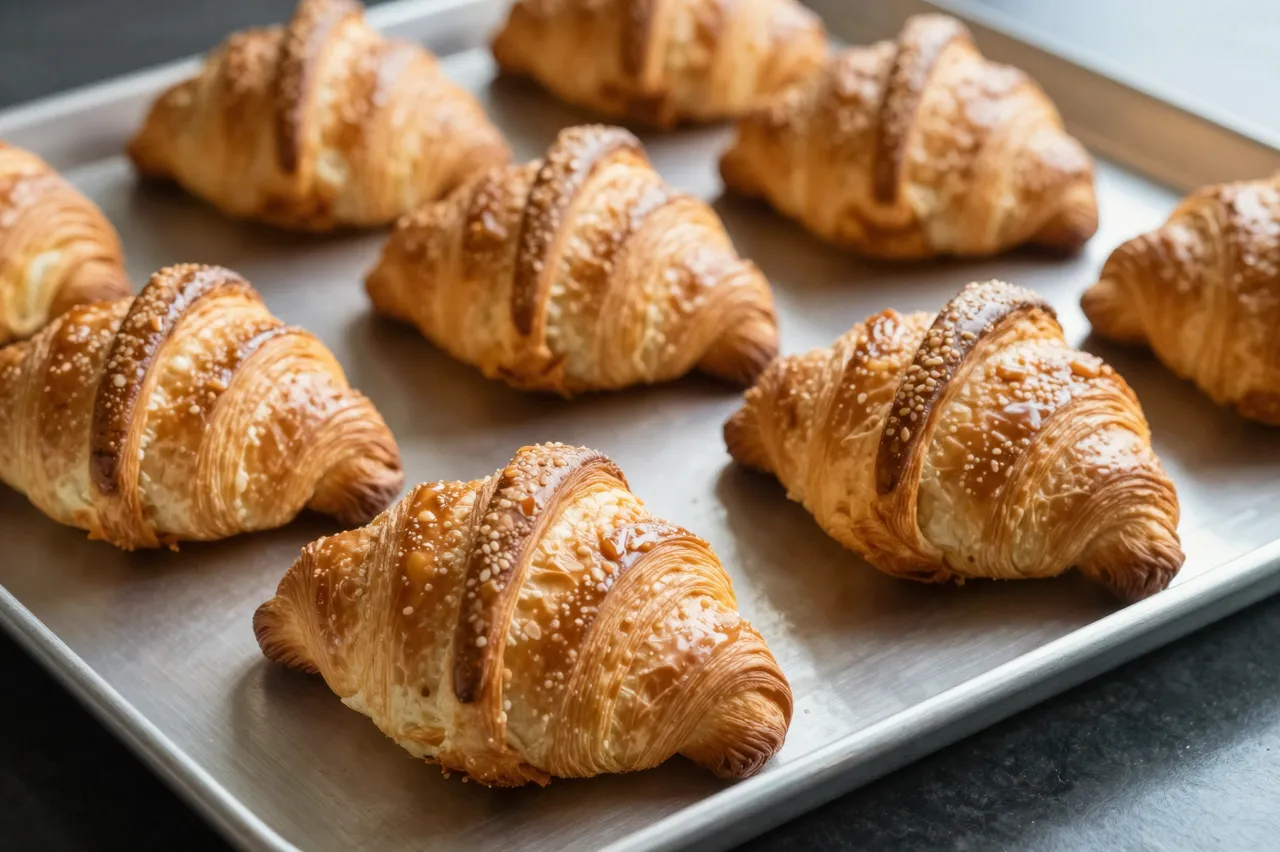 Golden baked croissants rest cooling on a metal baking tray over a dark countertop.