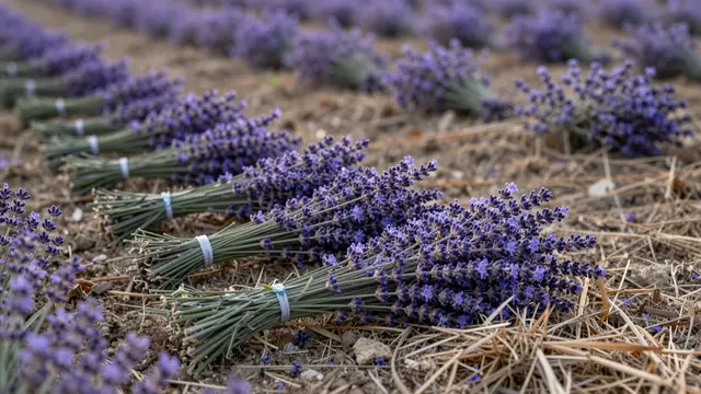 Rows of tied freshly cut lavender bundles lie on a harvested field with out-of-focus uncut lavender in the distance