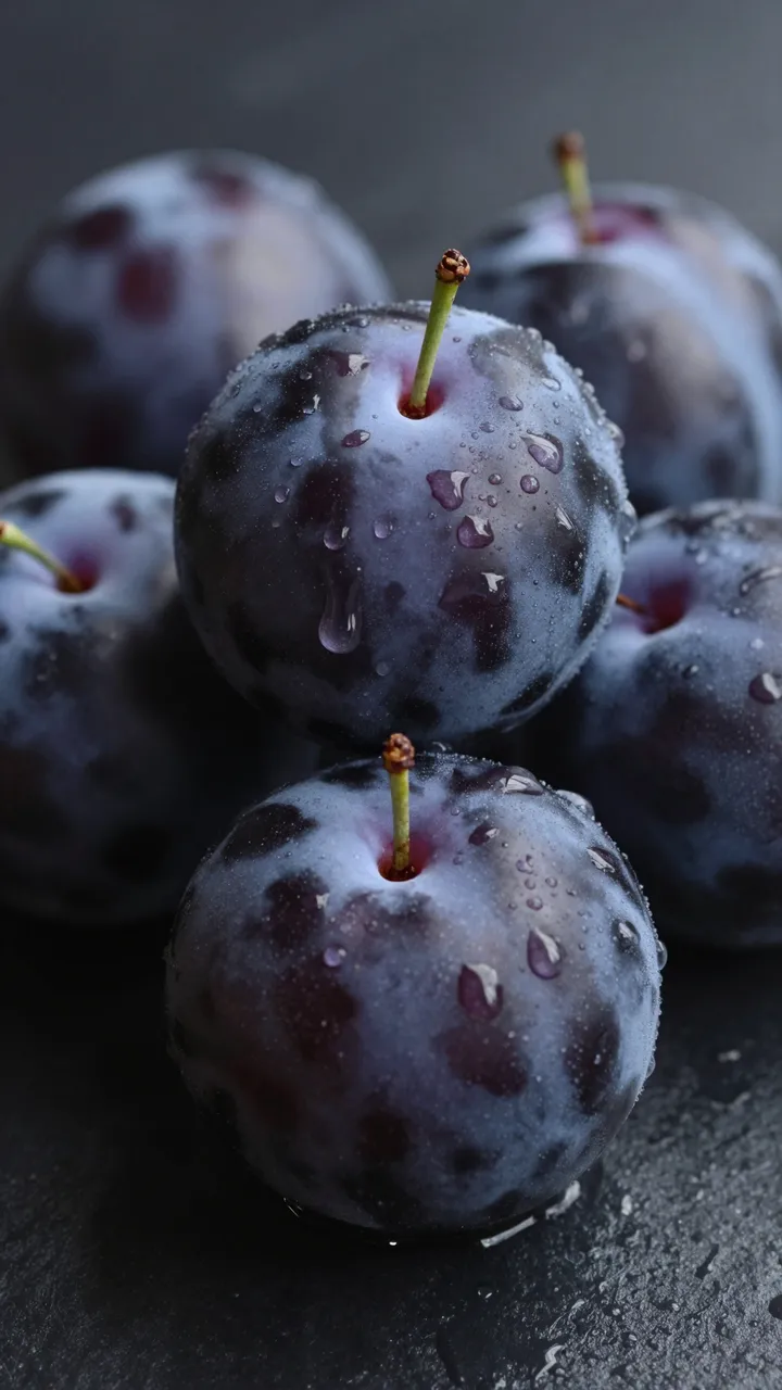 Close-up of ripe dark purple plums dotted with water droplets arranged on a dark matte surface.