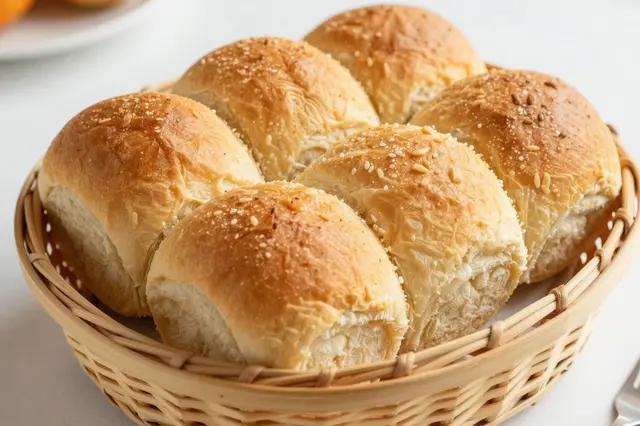 Wicker basket holding golden sesame-topped dinner rolls on a light table surface