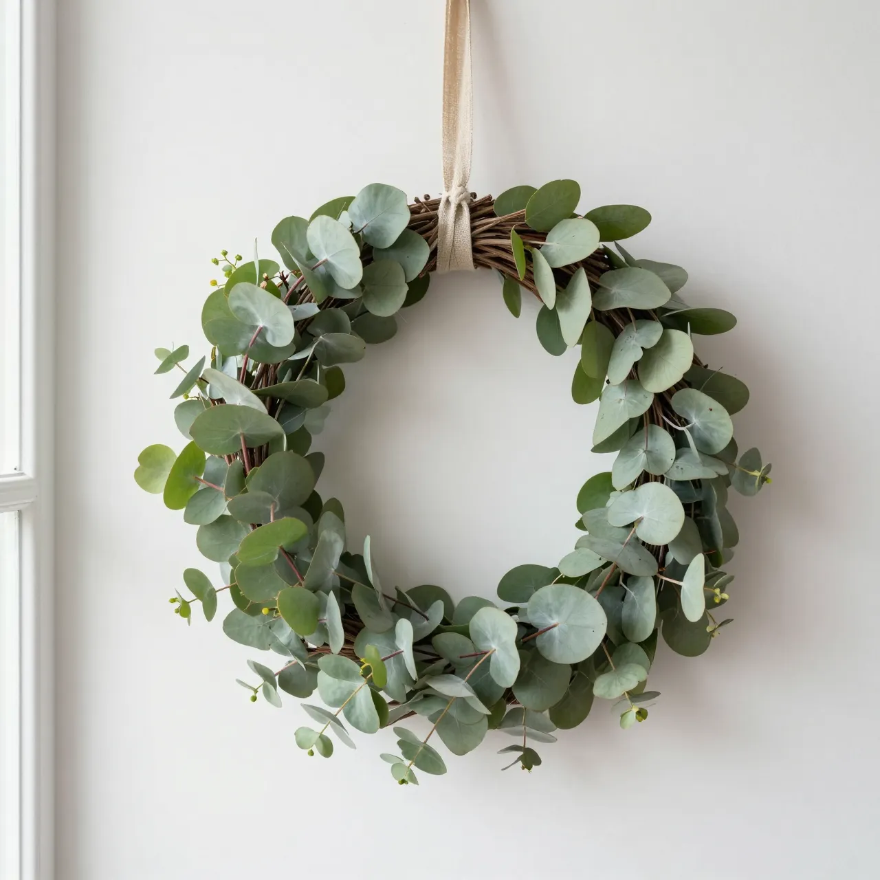 A fresh eucalyptus wreath hangs from a linen ribbon against a plain white wall by a window.