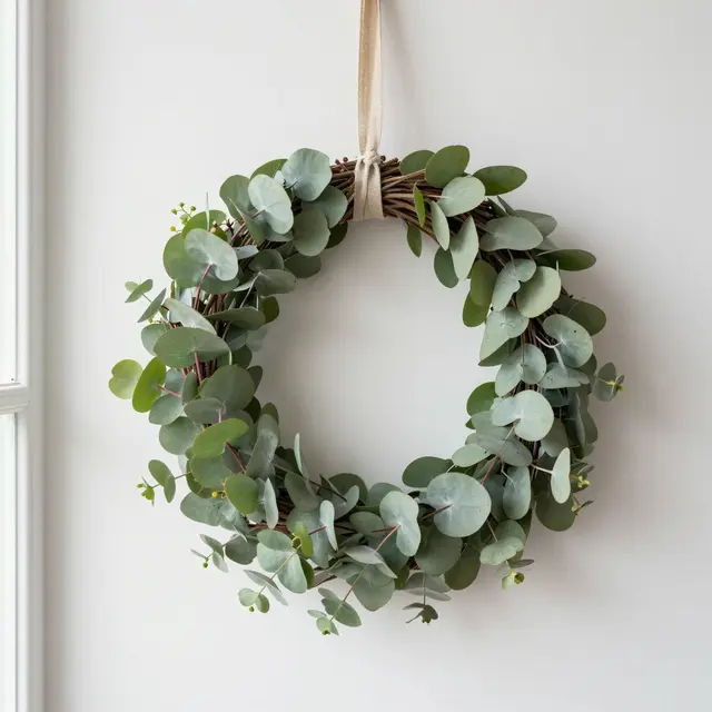 A fresh eucalyptus wreath hangs from a linen ribbon against a plain white wall by a window.