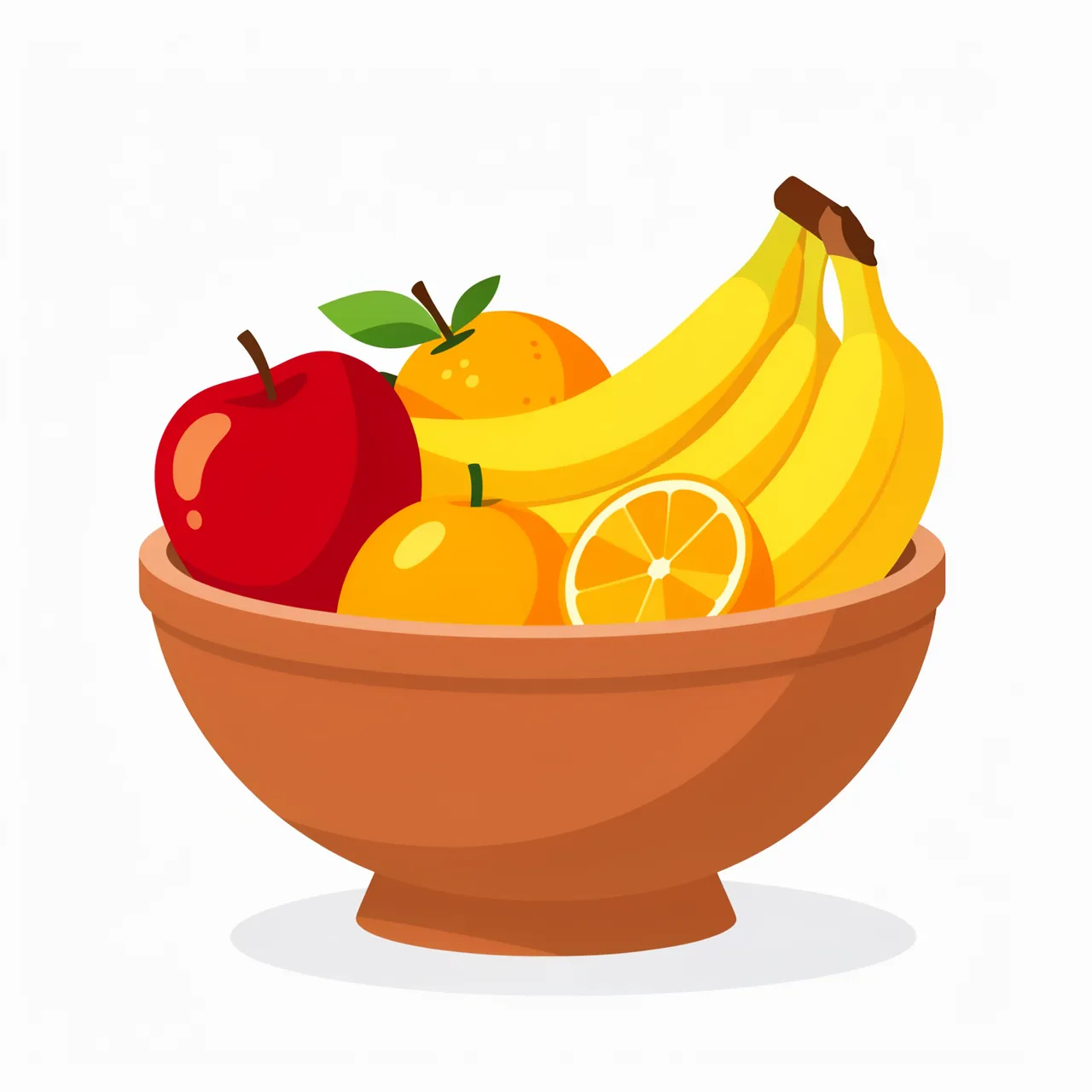 Terracotta fruit bowl filled with red apples, yellow bananas, whole and sliced oranges on a plain white background