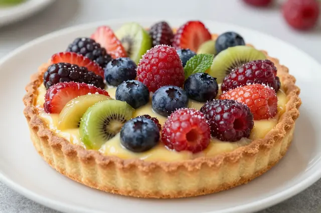 A close-up of a French fruit tart topped with fresh berries, kiwi and mint on a white plate