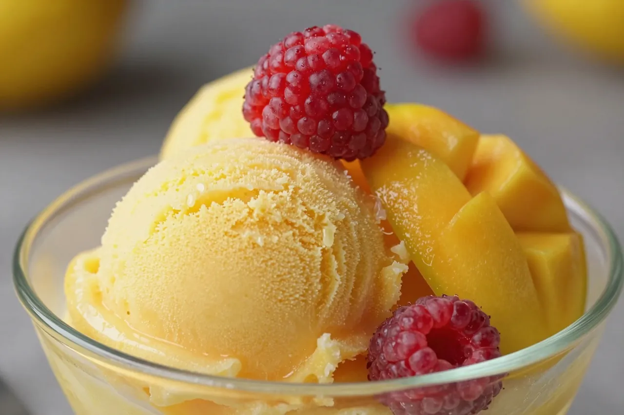 Close-up of sorbet scoops topped with fresh raspberries and mango chunks in a glass bowl