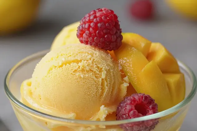Close-up of sorbet scoops topped with fresh raspberries and mango chunks in a glass bowl