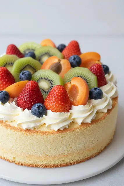 Vanilla sponge cake decorated with whipped cream and assorted fresh fruit on a white plate under soft light