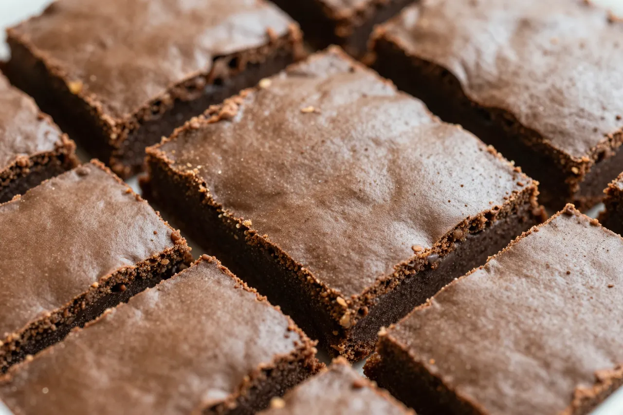 Close-up view of a batch of cut square fudgy chocolate brownies arranged on a flat surface