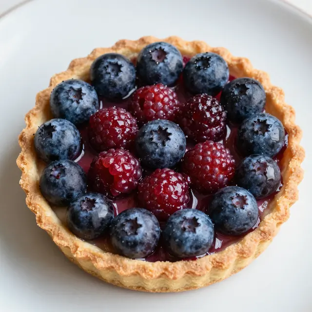 Top down view of a glazed mixed berry tart resting on a plain white plate