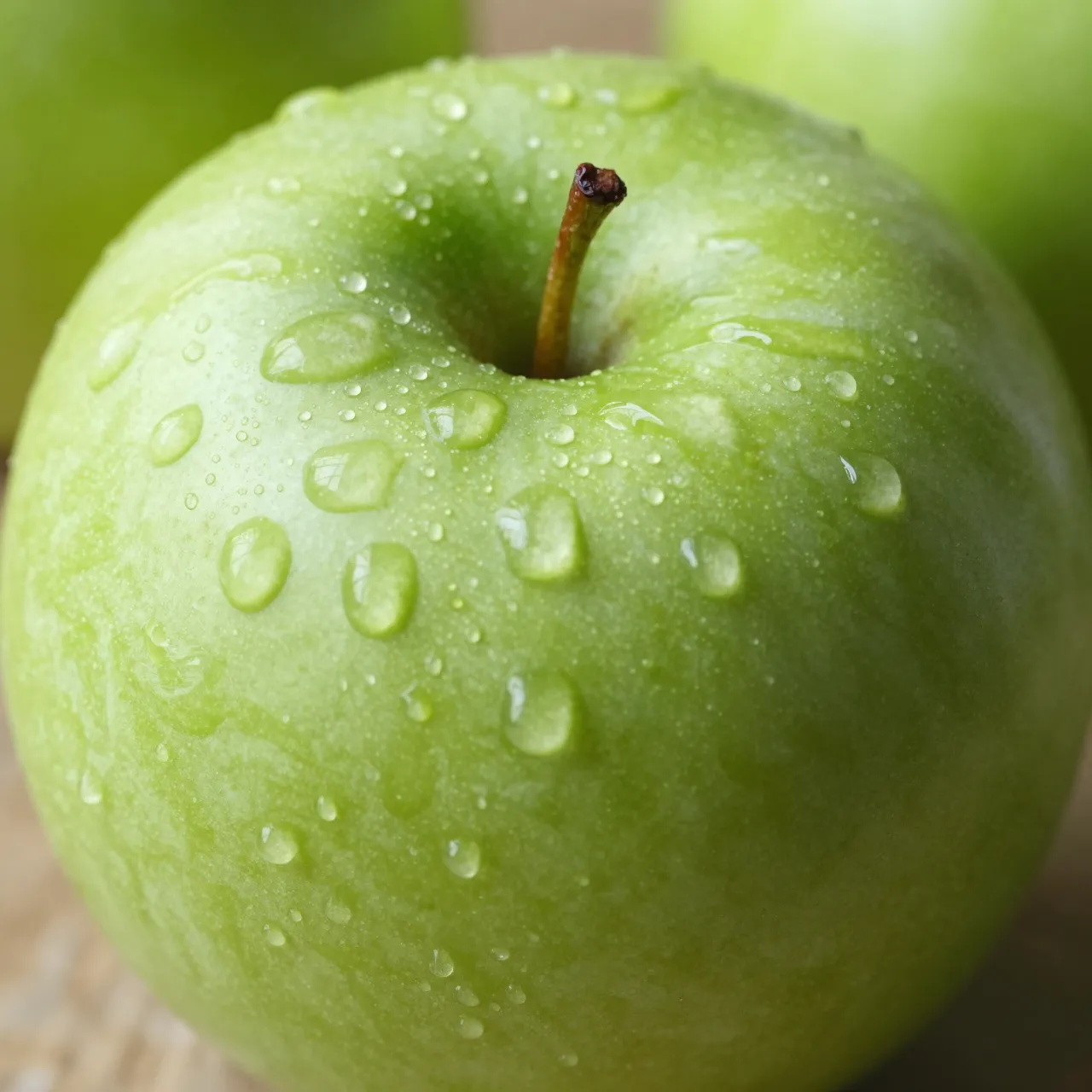 Close-up of a crisp green apple covered in clear water droplets, with blurred green apples in the soft background.