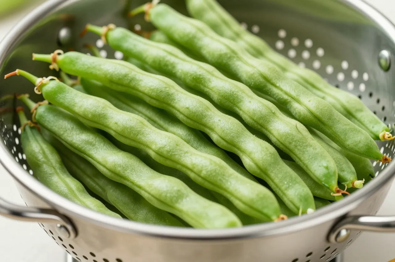 Raw fresh green beans rest inside a shiny stainless steel colander on a light countertop