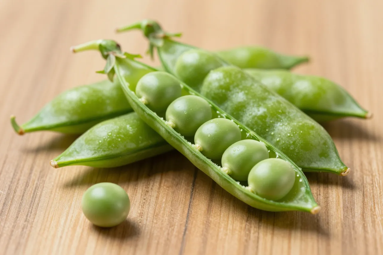 Open and closed fresh pea pods with one loose pea resting on a light wooden tabletop