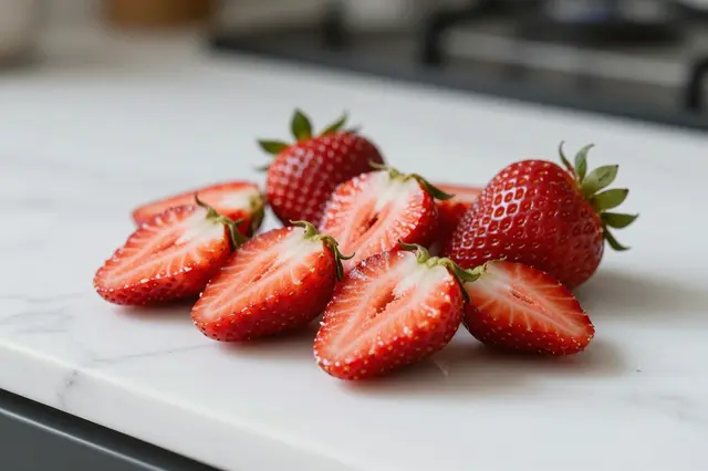 Sliced and whole fresh strawberries arranged on a white marble kitchen countertop