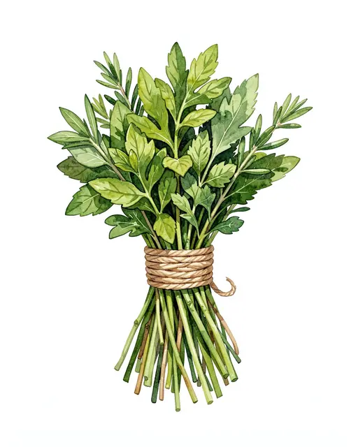 Watercolor illustration of a fresh mixed herb bundle tied with natural twine against a plain white background