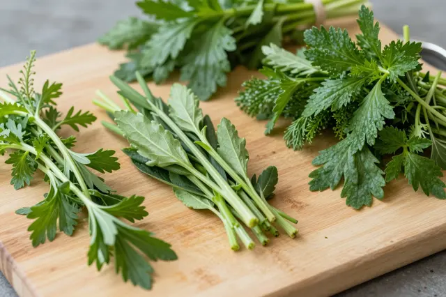 Assorted bundles of fresh leafy green herbs rest on a light wooden cutting board