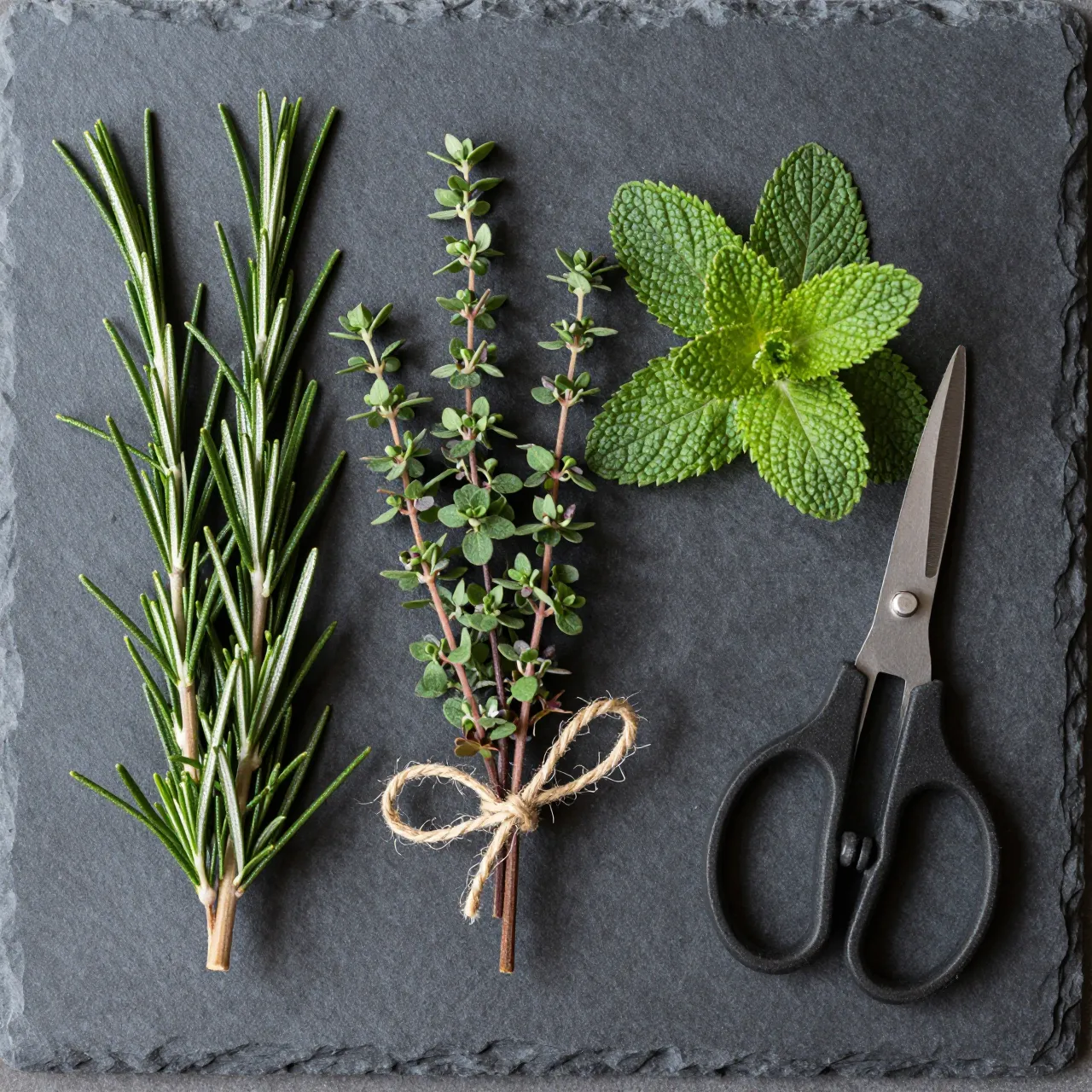 Flat lay of rosemary, thyme, mint, twine-bound bundles and small scissors on dark slate