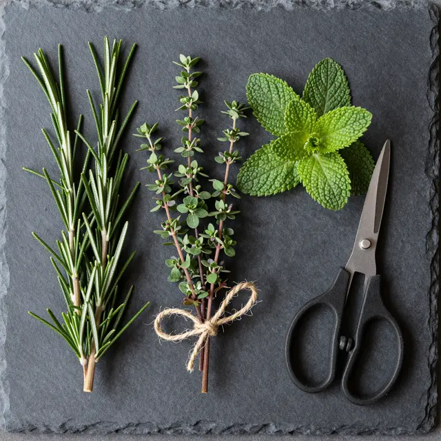Flat lay of rosemary, thyme, mint, twine-bound bundles and small scissors on dark slate