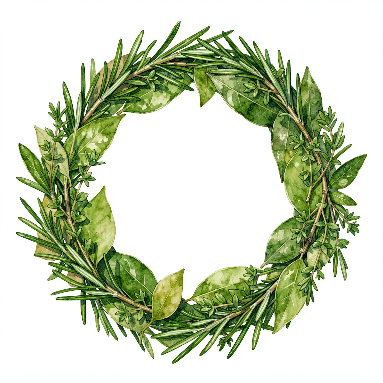 A circular watercolor herb wreath of rosemary, thyme and bay leaves on a plain white background