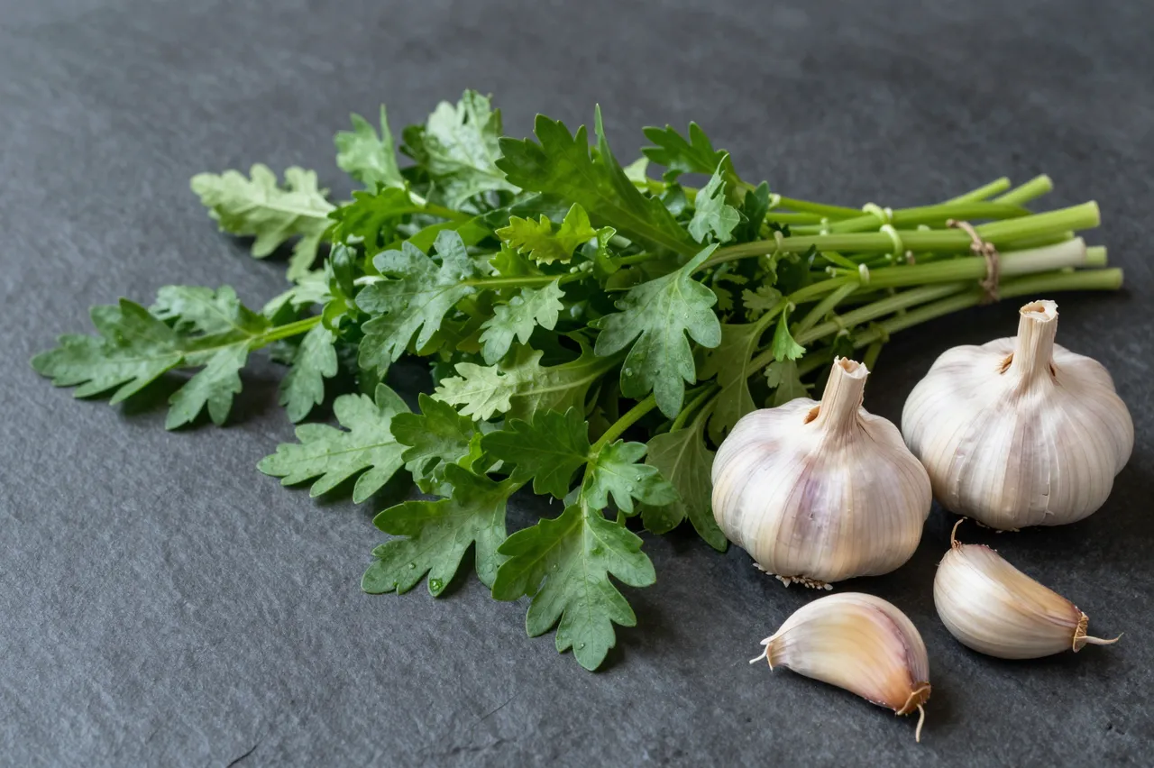 Bunch of fresh green herbs and whole and peeled garlic arranged on a dark slate surface with left-side copy space