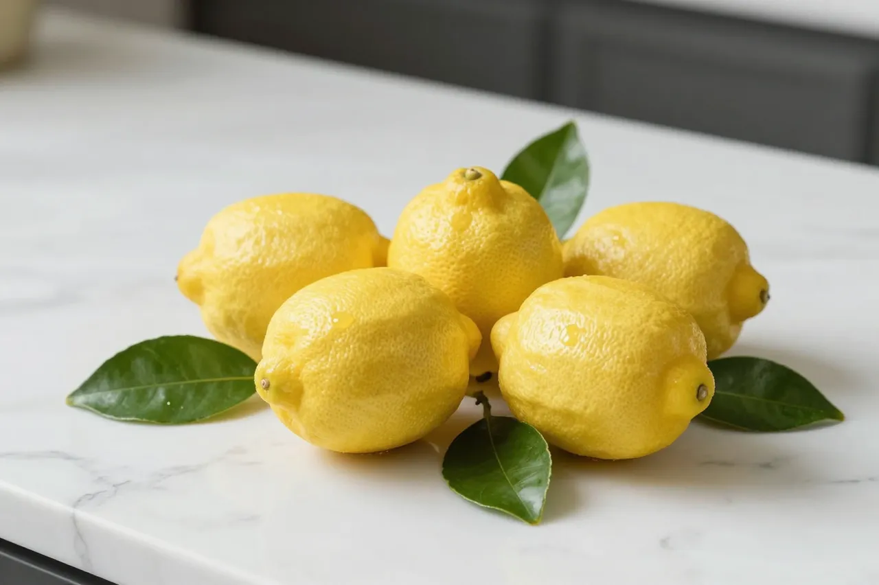 A cluster of fresh yellow lemons with green leaves rests on a white marble countertop