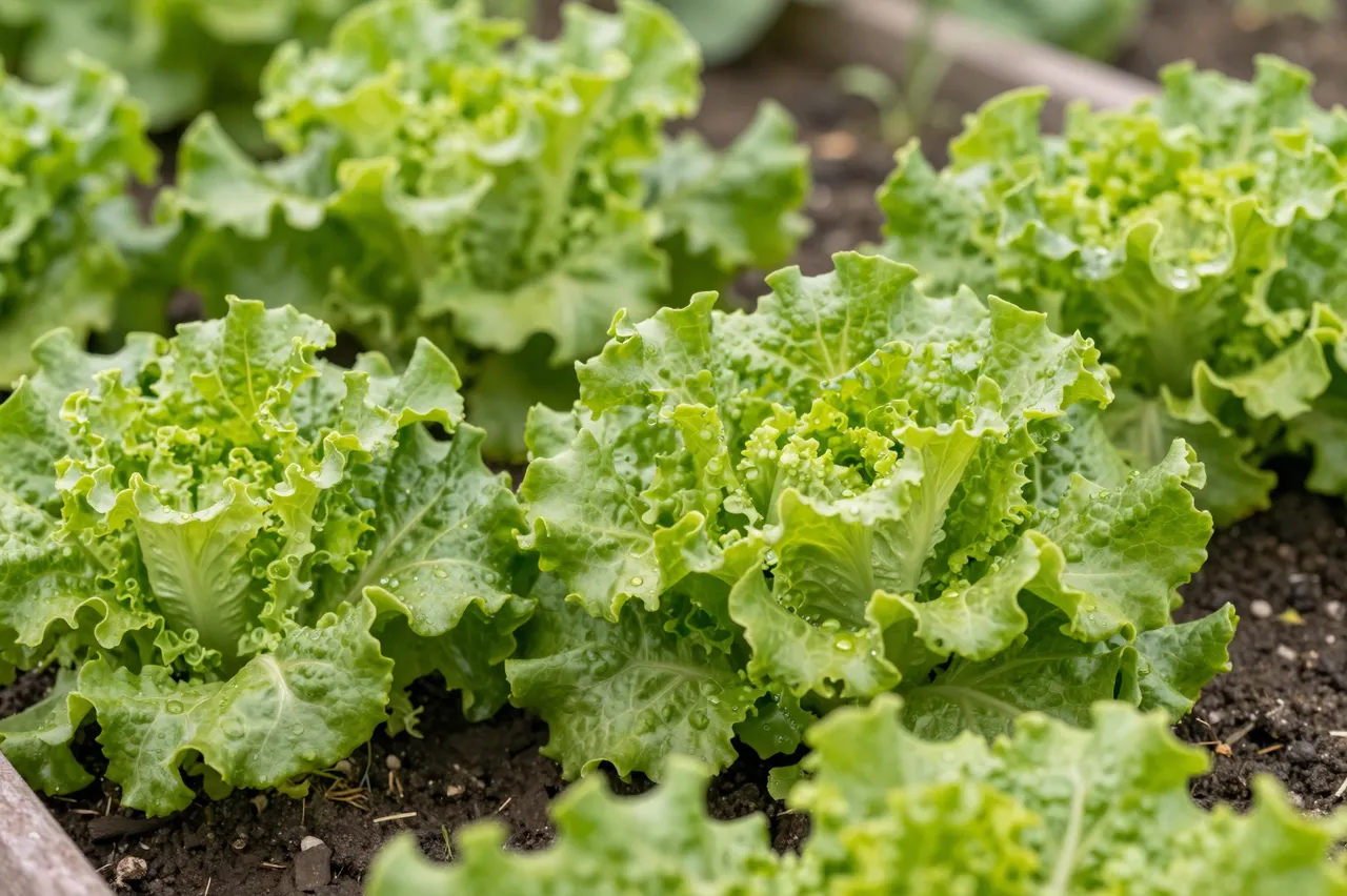 Curly leaf lettuce heads dotted with water droplets grow in dark raised garden bed soil.