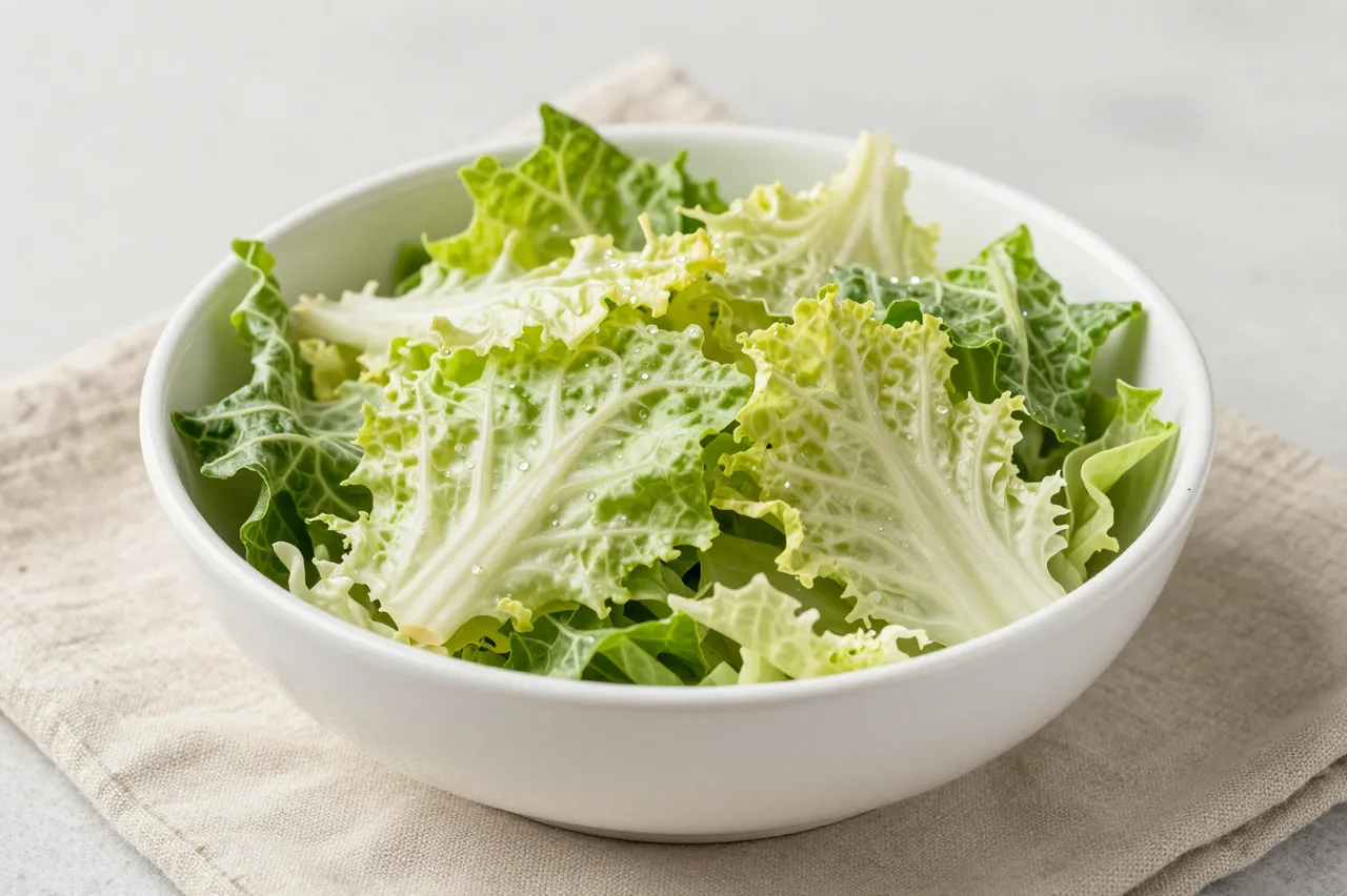 A white ceramic bowl of fresh leafy lettuce sits on a beige linen napkin over a light countertop