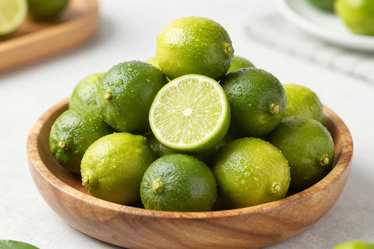 A wooden bowl holds a pile of whole limes with one halved lime resting on top, dotted with water droplets on a light kitchen