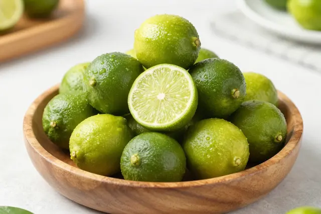 A wooden bowl holds a pile of whole limes with one halved lime resting on top, dotted with water droplets on a light kitchen