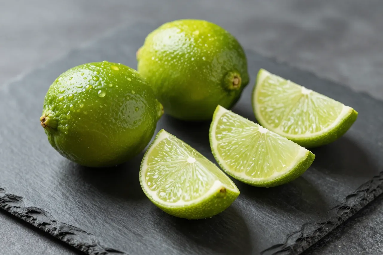 Whole and sliced limes with water droplets arranged on a dark slate serving board