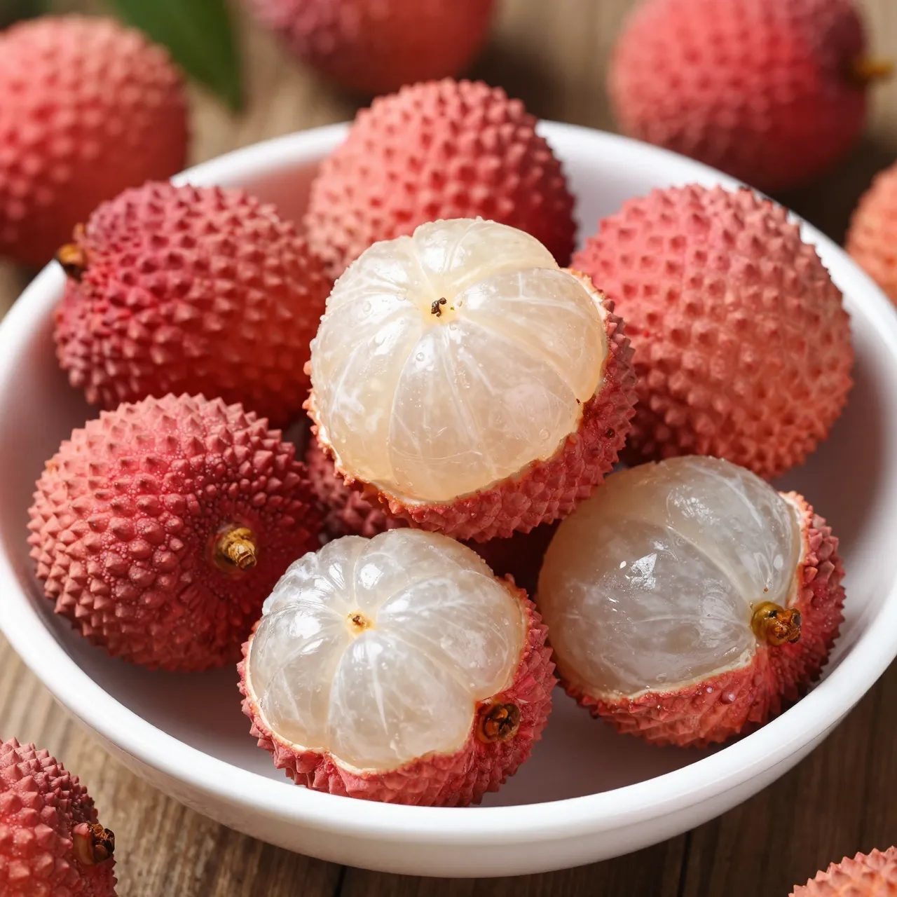 Whole and partially peeled lychees sit in a white bowl with extra shells scattered on a wooden table.