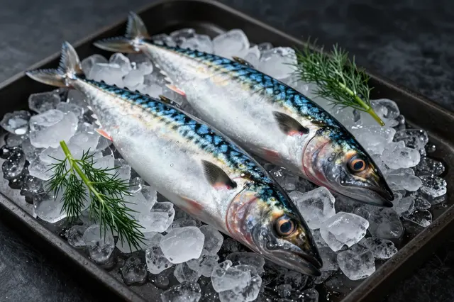 Two fresh whole mackerel rest on crushed ice with dill sprigs on a dark metal tray.