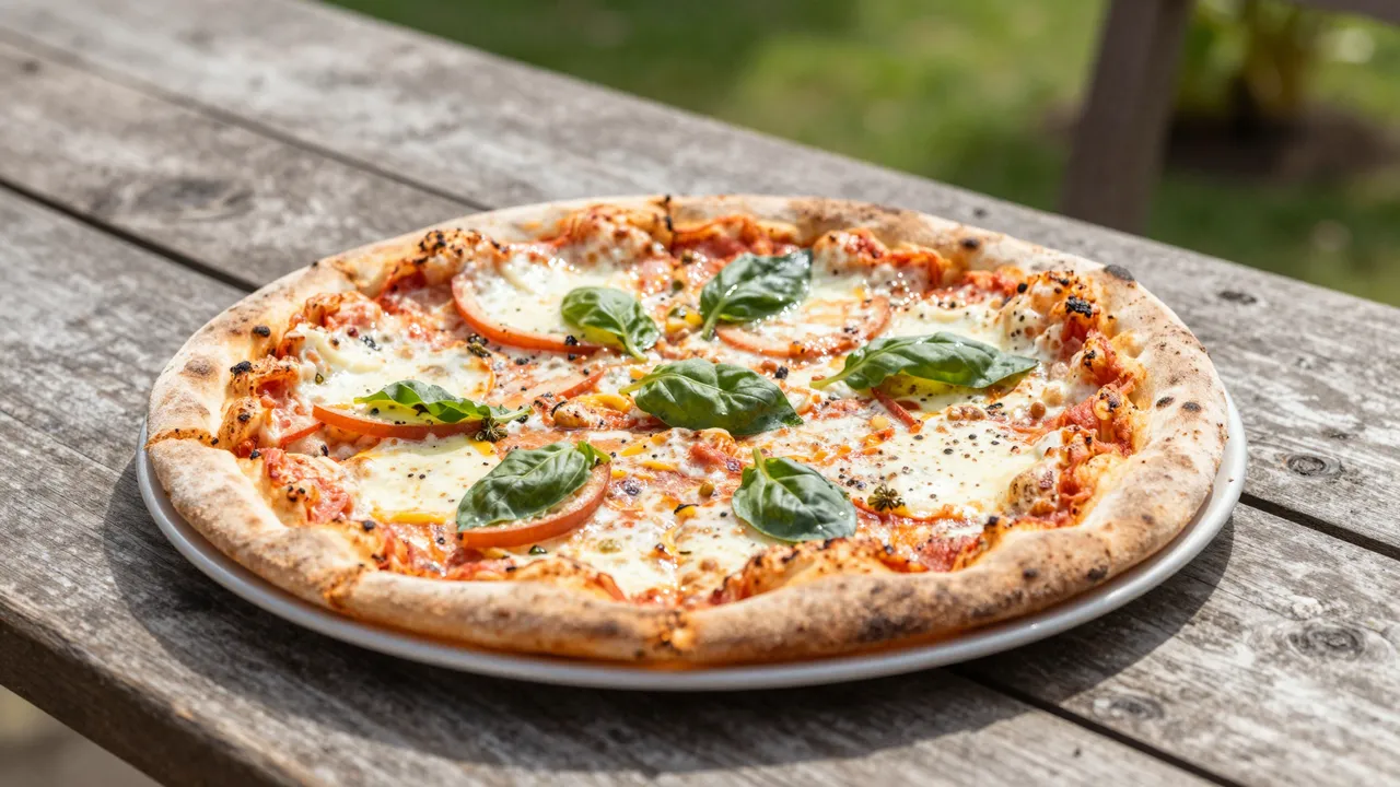 A single freshly baked margherita pizza rests on a white plate atop a weathered wooden garden table