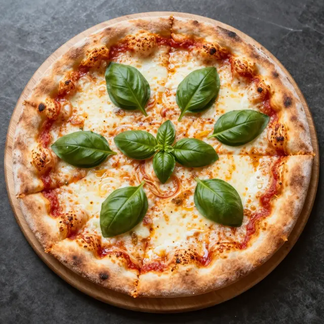 Top-down view of a margherita pizza topped with fresh basil resting on a wooden board over a dark stone surface